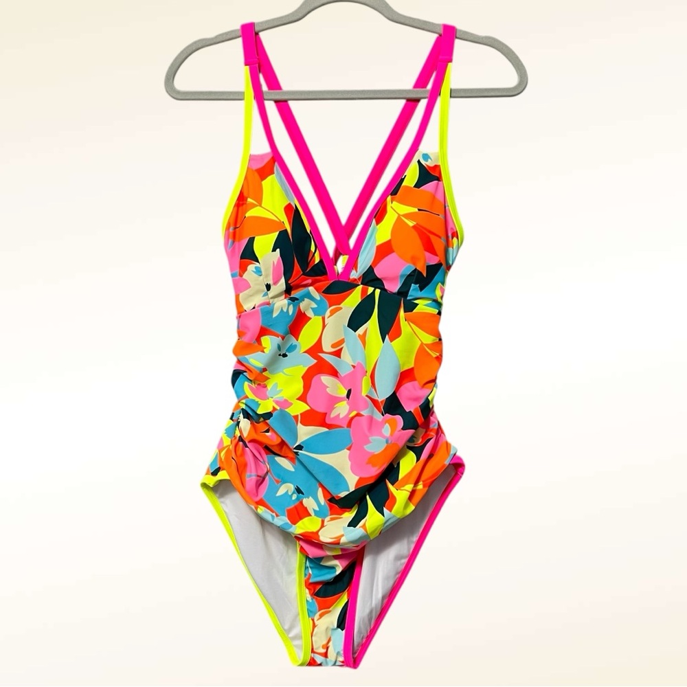 Amazon Women's Neon Floral One-Piece Swimsuit - Pink, Yellow, Orange, Blue.